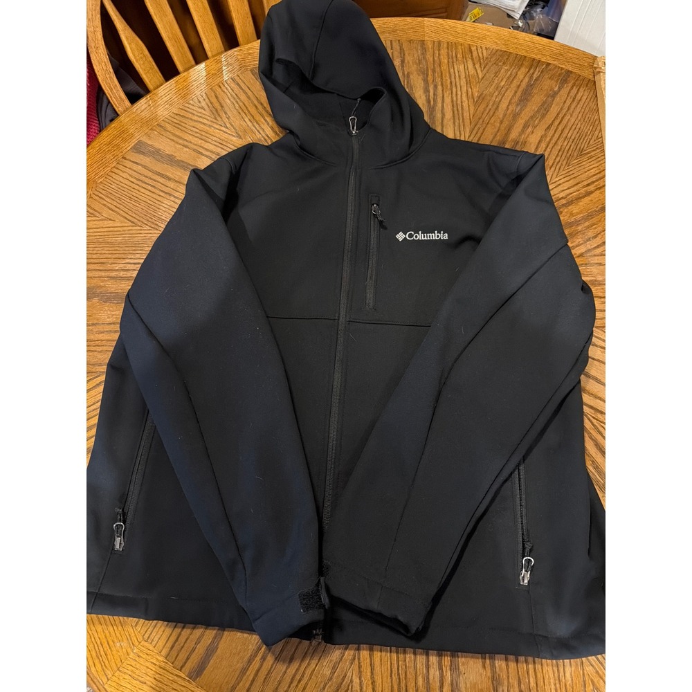Columbia Mens Black Hooded Softshell Jacket Full Zip XL RN 69724 Outdoor Coat